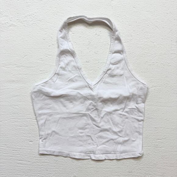 Bozzolo Tops - Bozzolo White Stretch Cotton Halter Crop Tank Top, Size Small